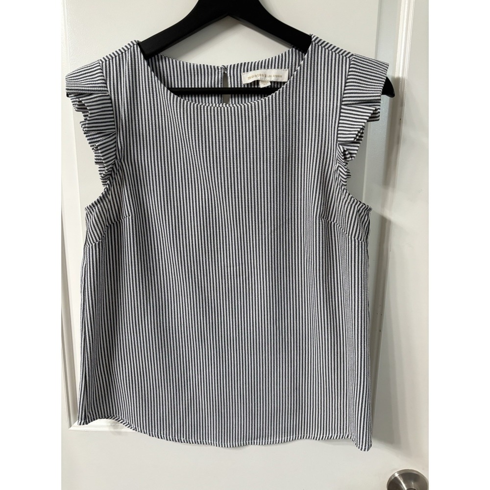 Monteau Los Angeles Womens XS Striped Ruffle Sleeve Blouse Gray White Top EUC